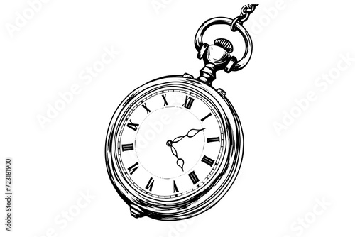 Classic sketch illustration with pocket watch engraved. Vintage watch vector icon.