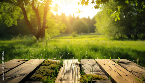 a wooden wooden table with green grass in natural lan