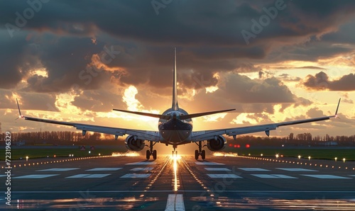 An airplane is landing on runway, amazing afternoon sun shining background .