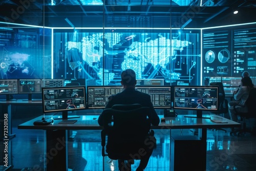 Futuristic cybersecurity command center with high-tech displays and analysts