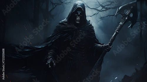 Grim Reaper in a Haunting Forest Scene