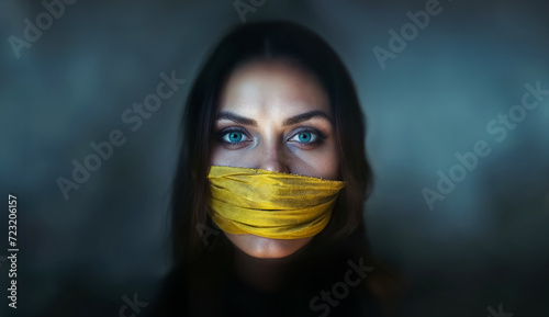 portrait d'une femme, vu de face, avec un bâillon jaune devant la bouche 