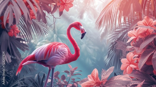 Majestic Flamingo Amidst Tropical Foliage in a Serene Sunset Glow