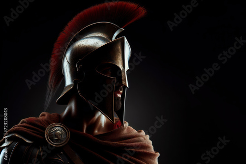 Spartan warrior on it isolated on solid black background. ai generative