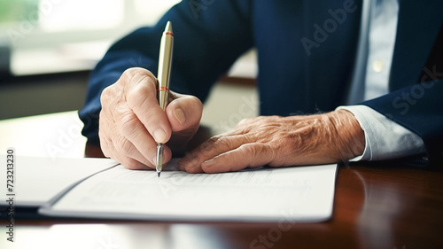 Cropped shot of senior old man elderly signing last will and testament.