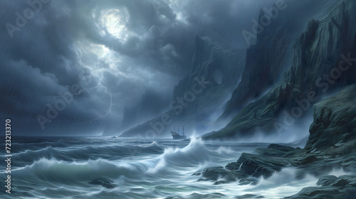 Stormy seascape with lightning and sailing ship