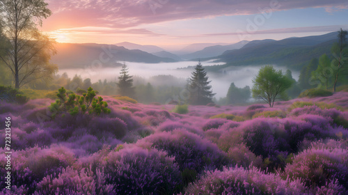Misty sunrise over a blooming heather landscape
