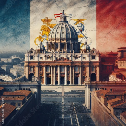 Vatican City flag overlay on old granite brick and cement wall texture for background use