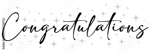 Congratulations black sign with stars. Congratulations handwritten black text with grey stars. Congratulations with Stars.