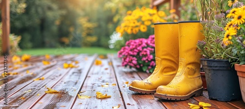 Sunny spring or summer garden with flowerpots and yellow boots gardening background