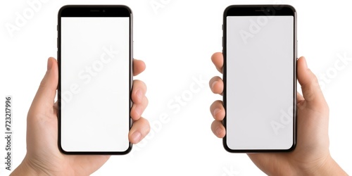 Two hands holding a black and white Phone. Perfect for showcasing mobile technology and communication concepts