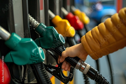 A woman's hand filling up at a gas pump at a gas station. High-resolution image.