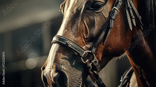 A detailed close-up view of a horse wearing a bridle. This image can be used for various purposes, such as equestrian events, horse training, or equine-related publications