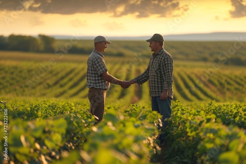 Two agriculturists in soybean field reaching an accord through a handshake.