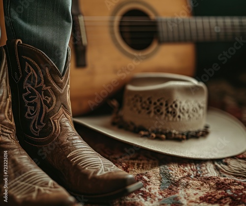 A close up of cowboy boots hat and guitar handle