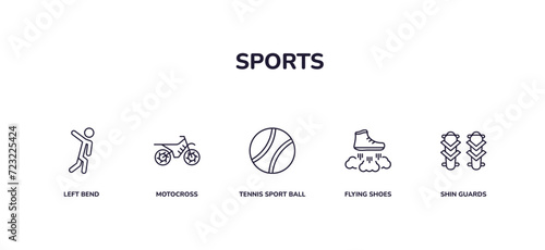 editable outline icons set. thin line icons from sports collection. linear icons included left bend, motocross, tennis sport ball, flying shoes, shin guards