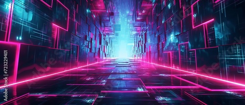 A retro-futuristic abstract background with a neon trapezoid centrally positioned, reflecting a neon-lit cityscape vibe on a dark surface