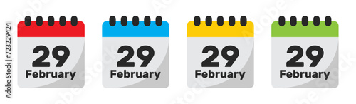 29 February 2024 leap year day calendar vector set in four different colors with shadow.