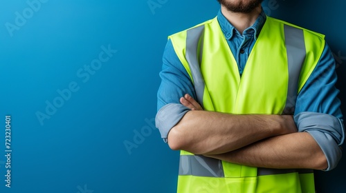 Smiling construction worker in uniform and helmet, copy space, labour day concept