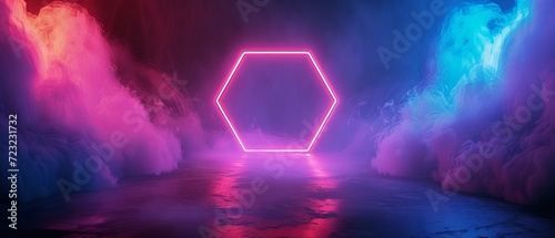 An enigmatic abstract background with a neon pentagon in the center, emerging from a mysterious, foggy depth