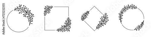 Floral sketch circle, square, rectangle frames set. Sakura flower line art. Vintage hand drawn wreath. Design element for wedding invitations, beauty, spa, salon logo, luxury decor. Elegant ornament