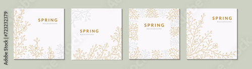 Set of spring social media square post templates. Japanese sakura cherry blossom. Gold and silver branches. Botany background. Hand drawn sketch vector illustration. Wedding invitation and card design