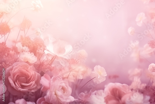 Abstract romantic elegant background with roses, pink pastel flowers, copy space, space for text. Floral spring wallpaper, packaging paper, wrapping paper