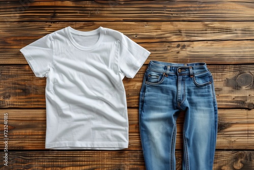 White women's cotton T-shirt mockup with blue jeans pants on a wooden background. Designed the t-shirt template and printed the presentation mock-up. Top view flat lay.