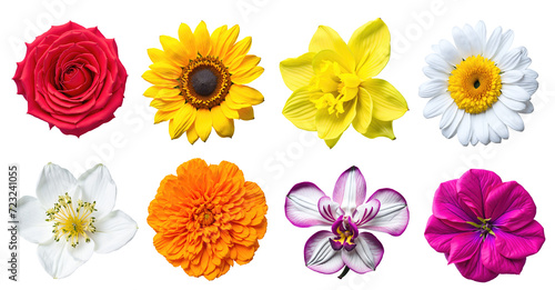 Set of various beautiful blooming flowers isolated on transparent background. Generative AI