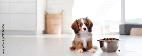 Fluffy Papillon puppy looks curiously beside a bowl of dog food.