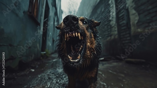 Dog aggression. Top Most Aggressive Dog Breeds. Aggressive dog snarling fiercely, sharp teeth and bristled fur, dark alley , tension and danger in the air.