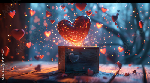 heart shaped box with falling hearts sparked by light