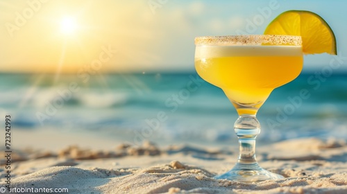 Tropical margarita cocktail with blurred beach background and copy space for text placement