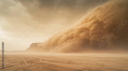 A desert landscape experiencing a rare and powerful sandstorm with swirling sands and a hazy sky.