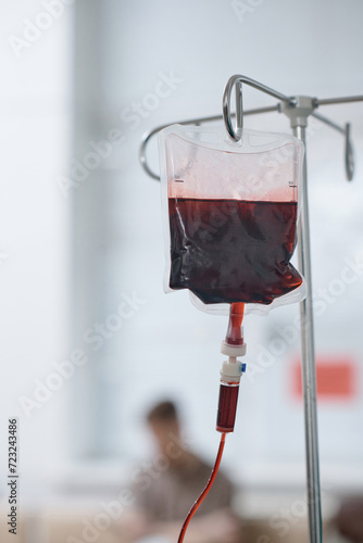 Transparent bag with red blood cells for transfusion in medical center, copy space