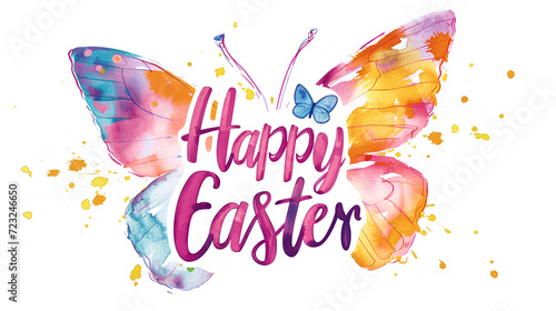 Happy Easter. Festive illustration with watercolor, abstract, floral butterfly and text.