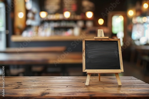 Blackboard with easel on wooden table at coffee shop mockup for online shopping promotion