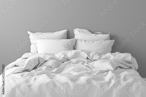 Blank bedding set mockup with white bed pillows duvet and bed sheet against a gray wall in an empty room