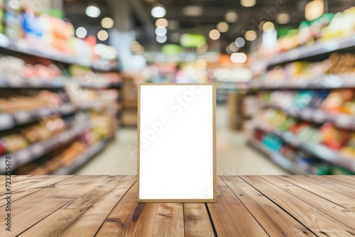 Blurred supermarket background wooden table with blank price list board