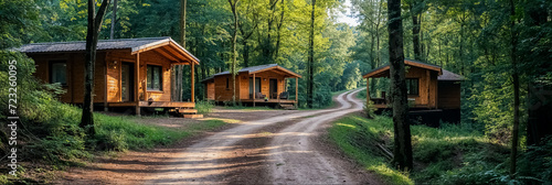 des bungalows en bois installés dans une forêt le long d'un chemin de terre