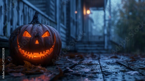 A sinister jack-o'-lantern grinning menacingly on a front porch, casting long shadows in the moonlight. 