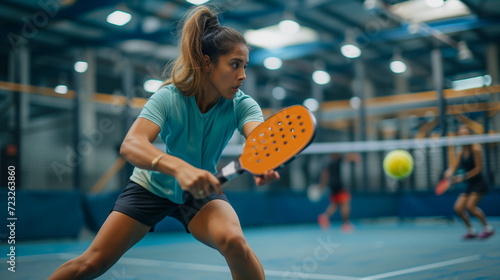 Dedicated Female Padel Pickleball Player Engaged in a Competitive Indoor Match - Athletic Determination and Focus at Pickleball court