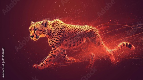 a digital painting of a cheetah running on a red and black background with lines and dots around the cheetah and the cheetah, and the cheetah, the cheetah, the cheetah, the cheetah, the cheetah,.