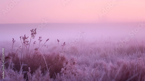 A misty moorland at dawn with heather and grasses covered in dew creating an ethereal atmosphere.