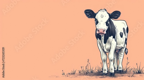  a black and white cow standing on top of a grass covered field next to a pink wall with a black and white cow in the middle of it's face.