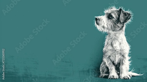  a black and white dog sitting in front of a blue wall with a black and white drawing of a dog on it's left side and a black and white dog on the other side.