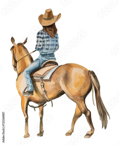 Watercolor hand painted cowgirl and horse clipart isolated on a white background. Wild West design. Ranch concept illustration. Woman and horse painting.