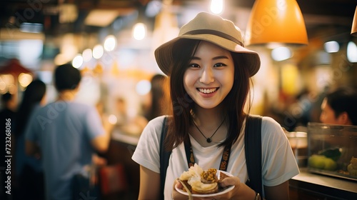 Young woman traveler walking holding stinky tofu at taiwanese street food, travel lifestyle concept