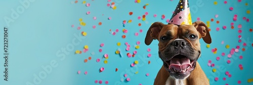Happy boxer puppy dog wearing birthday hat with colorful confetti on blue background and plenty of copy space