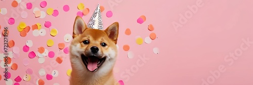 Happy Shiba Inu puppy dog wearing birthday hat with colorful confetti on pink background and plenty of copy space